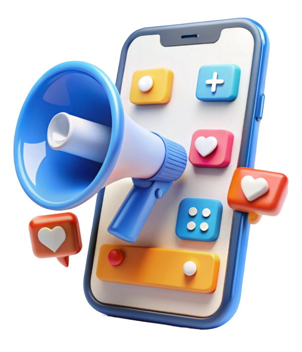 Celular com megafone e ícones de curtida, representando anúncios online