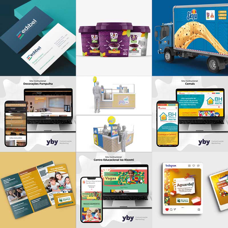 Projetos da Yby Comunicação: papelaria, embalagens, sites, estandes e posts para redes sociais